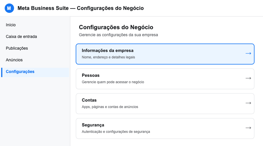 Meta Business Suite - Configurações do Negócio