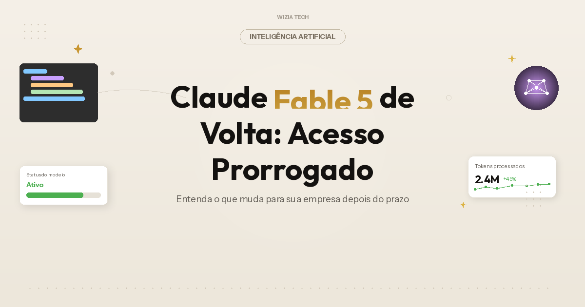 Capa do artigo: Claude Fable 5 de volta: Anthropic prorroga acesso incluído até 7 de julho e o que muda depois | Blog Wizia Tech